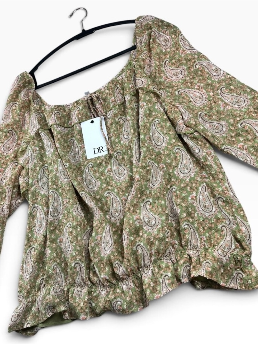 DR2 Paisley Floral Peasant Blouse XL Sage Green Boho Ruffle NWT - Picture 4 of 14
